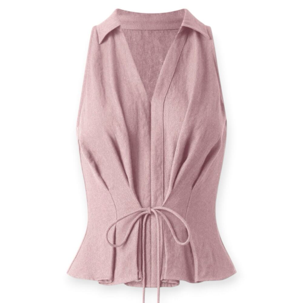 NWT OGL Collared V-neck Pleated Sleeveless Top with Drawstring Medium Soft Pink